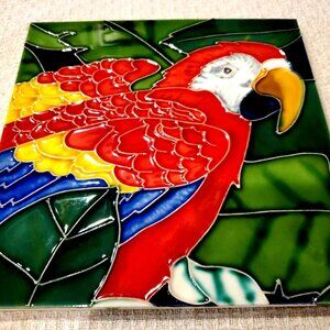 L@@K Tile Picture Red PARROT Hand Painted Glossy 3D effect 8 x 8 ~ CUTE!